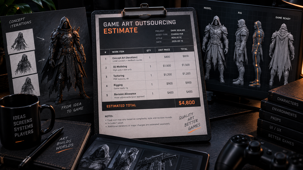 Annotated game art outsourcing estimate showing line items for concept iteration, modeling, rigging, and revision allowance