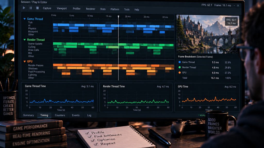 Frame time breakdown showing game thread, render thread, and GPU time in a profiling tool