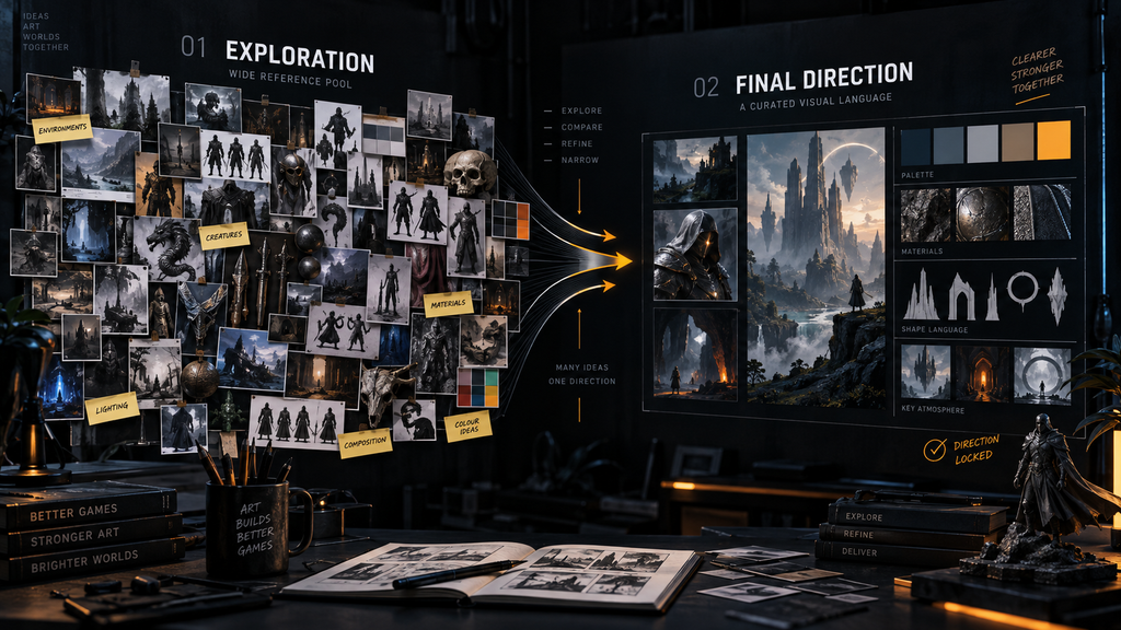 Game art mood board process showing a wide reference pool narrowing into a curated visual direction