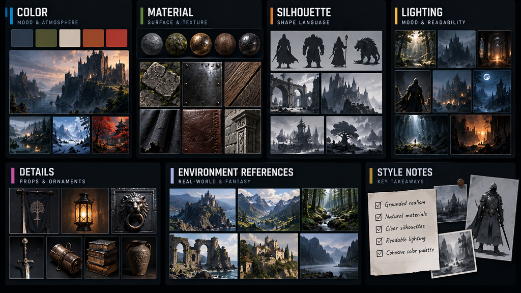 Reference images grouped by category – color, material, silhouette, lighting – during a game mood board curation pass