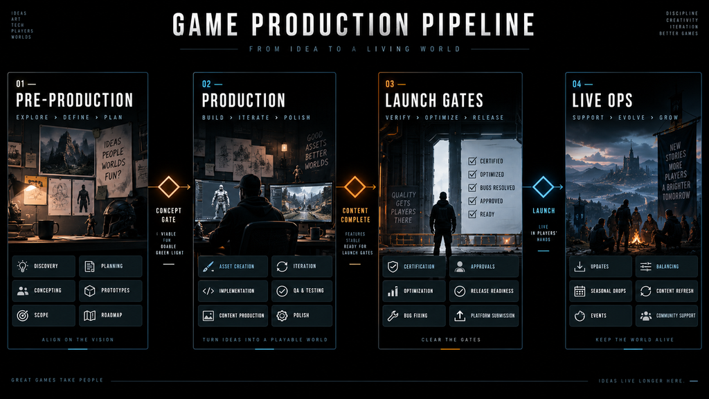 Diagram of the game production pipeline showing pre-production, production, launch gates, and live-ops