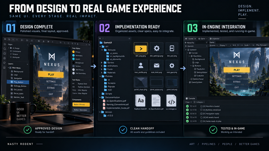 Design-complete, implementation-ready, and engine-integrated stages of a game UI handoff compared side by side