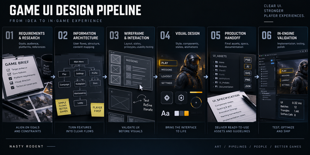 Game UI design pipeline from requirements and information architecture through wireframe, interaction validation, visual design, production handoff, and in-engine validation