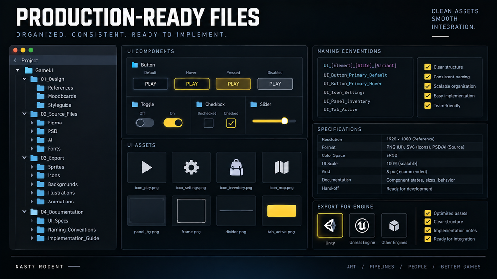 Production-ready UI file structure showing organized components, naming conventions, and implementation specifications