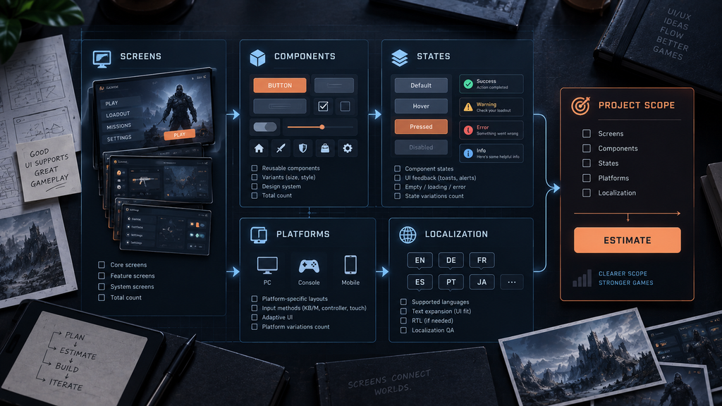 Game UI/UX scope estimation worksheet showing screens, reusable components, states, platforms, and localization as interacting scope drivers