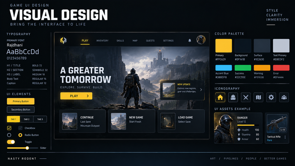 Game UI visual design stage showing typography, color, and iconography applied over a wireframe layout