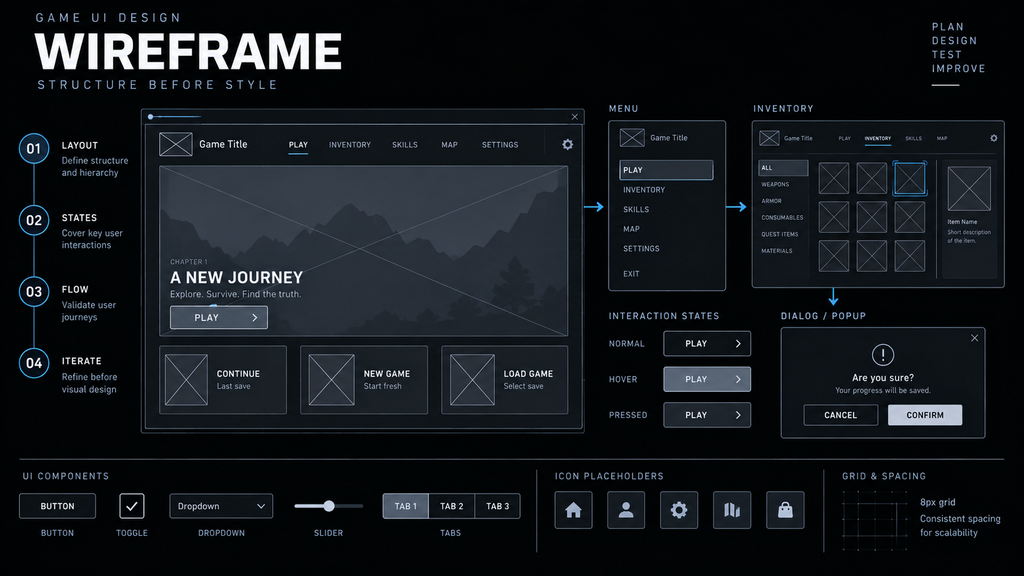 Low-fidelity game UI wireframe showing layout, hierarchy, and interaction states before visual design begins