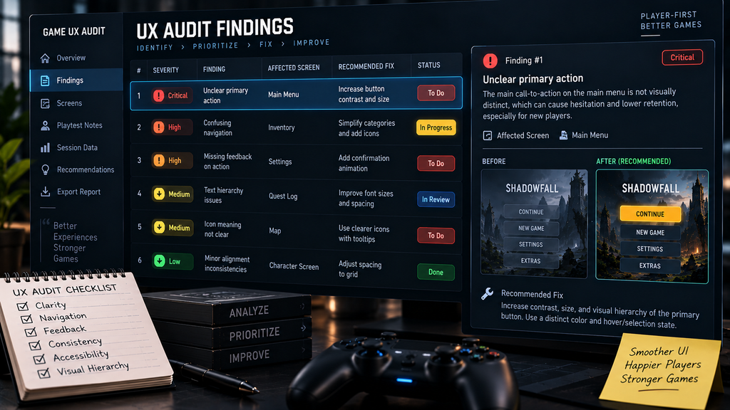 Game UX audit findings entry showing severity rating, affected screen, and recommended fix