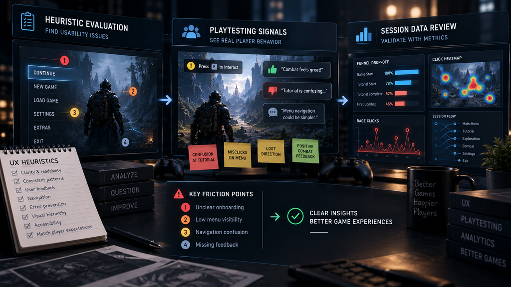 Game UX audit process showing friction point identification across heuristic evaluation, playtesting signals, and session data review