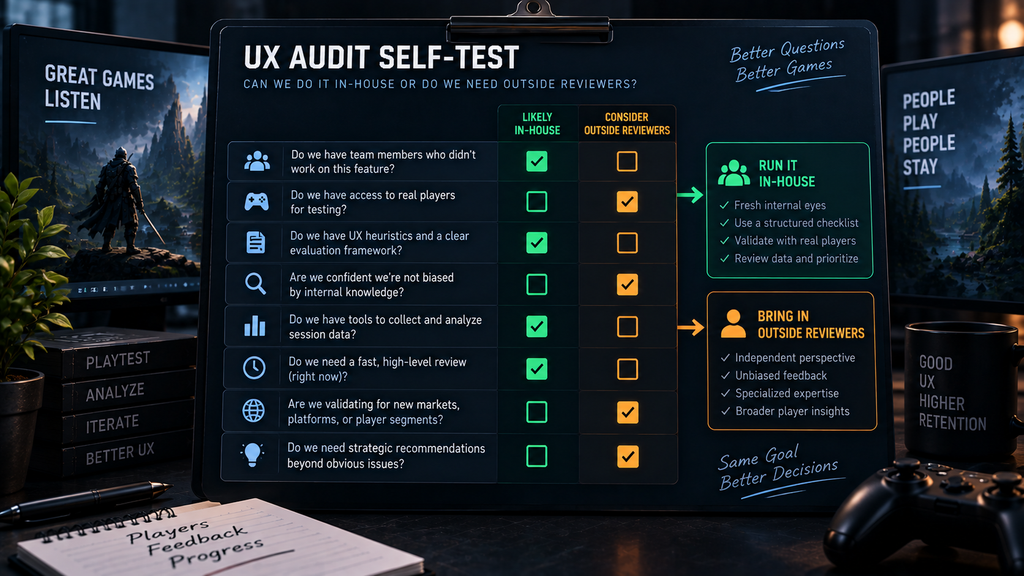 Quick self-test checklist for deciding whether a UX audit can be run in-house or needs outside reviewers