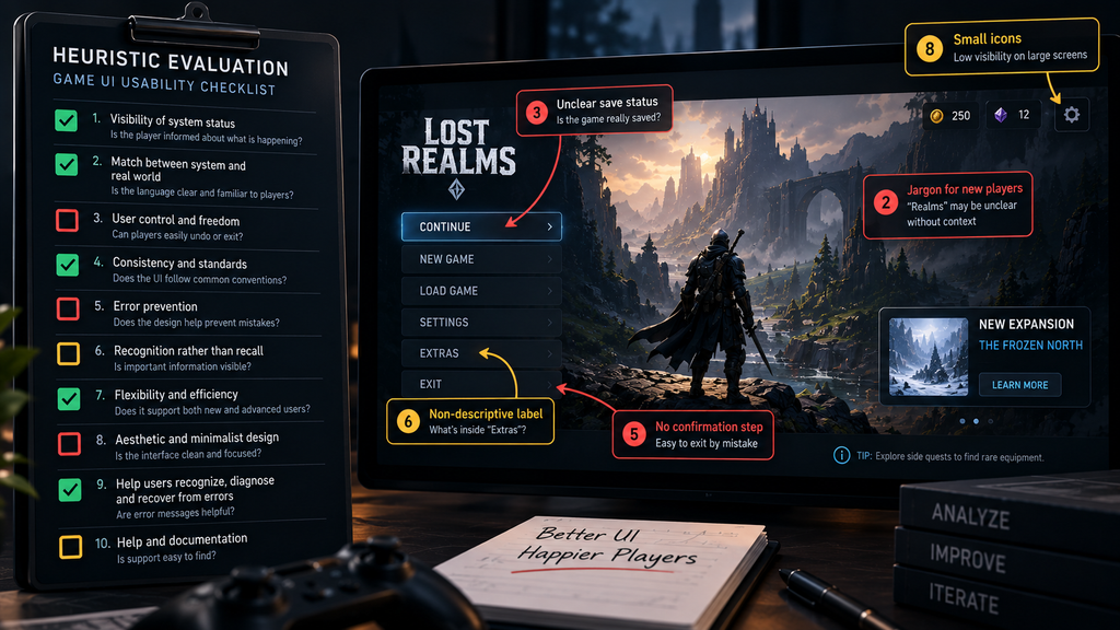 Heuristic evaluation checklist applied to a game menu screen to identify usability friction points
