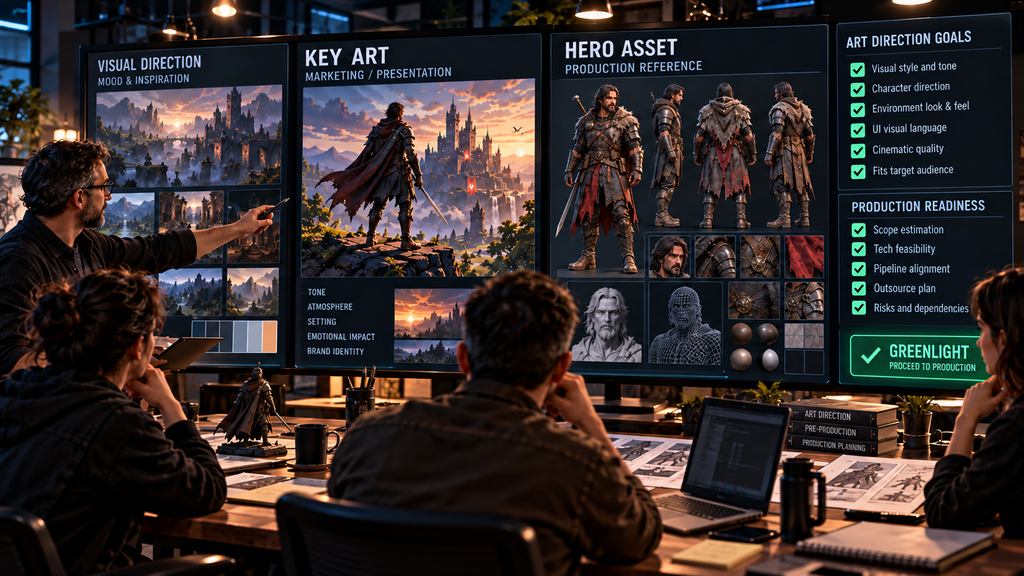 Greenlight review meeting with a producer and art director evaluating pre-production visual direction before budget approval