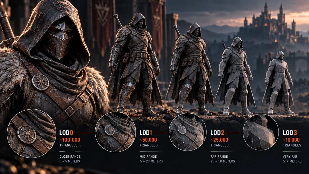 Hero character LOD chain – close-range mesh versus distant simplified mesh