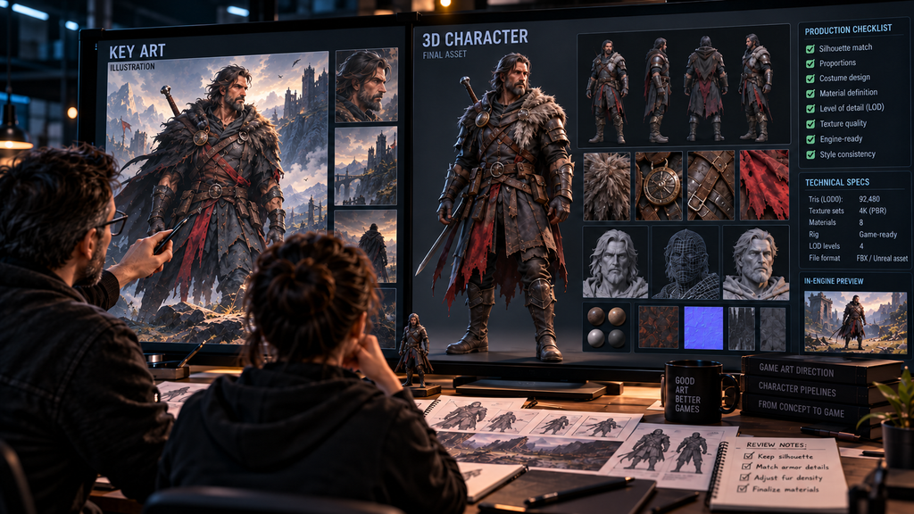 Art director comparing a key art illustration against a fully modeled hero character asset on a production review board