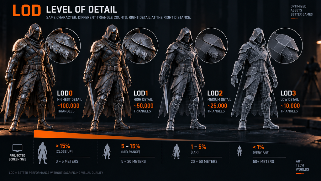 LOD tier diagram – LOD0 to LOD3 triangle reduction by projected screen size