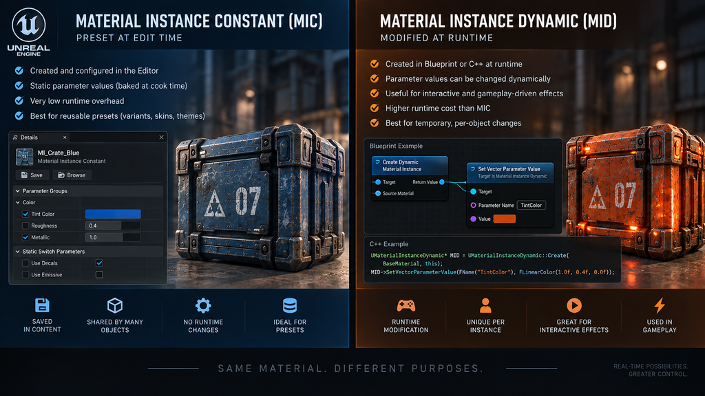Comparison diagram of Material Instance Constant versus Material Instance Dynamic