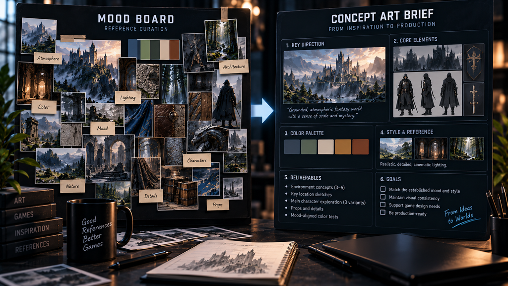 Mood board transitioning from reference curation into a production-ready concept art brief