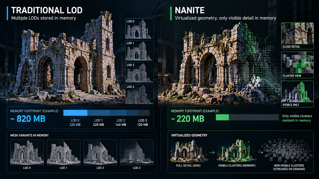 Nanite virtualized geometry memory footprint compared to traditional LOD assets