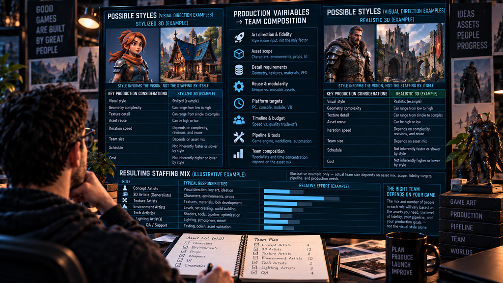 Producer reviewing an asset list and staffing plan for a mixed-fidelity 3D production