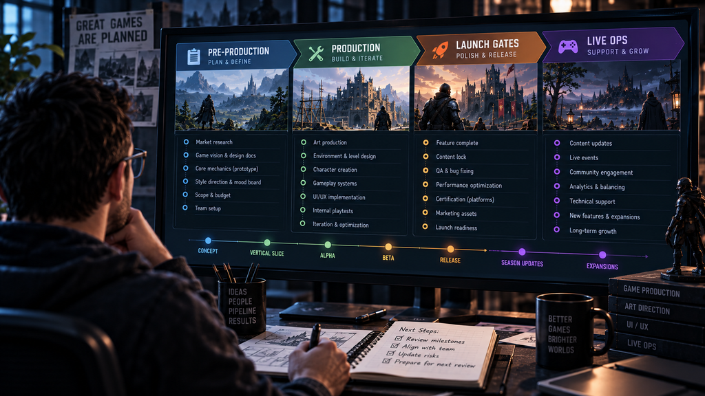 Producer reviewing a milestone schedule spanning pre-production through live-ops