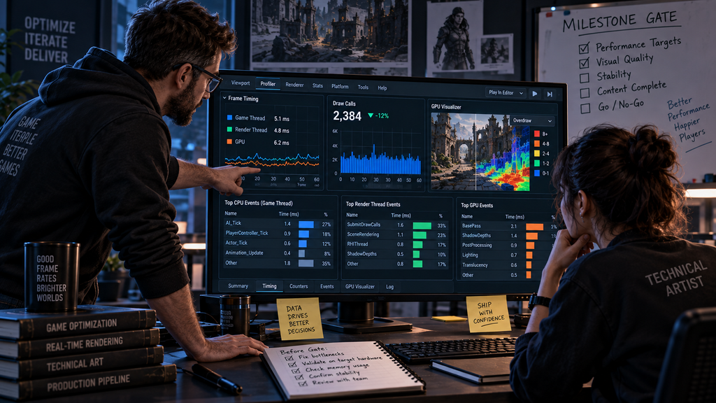 Producer and technical artist reviewing a profiling report before a milestone gate