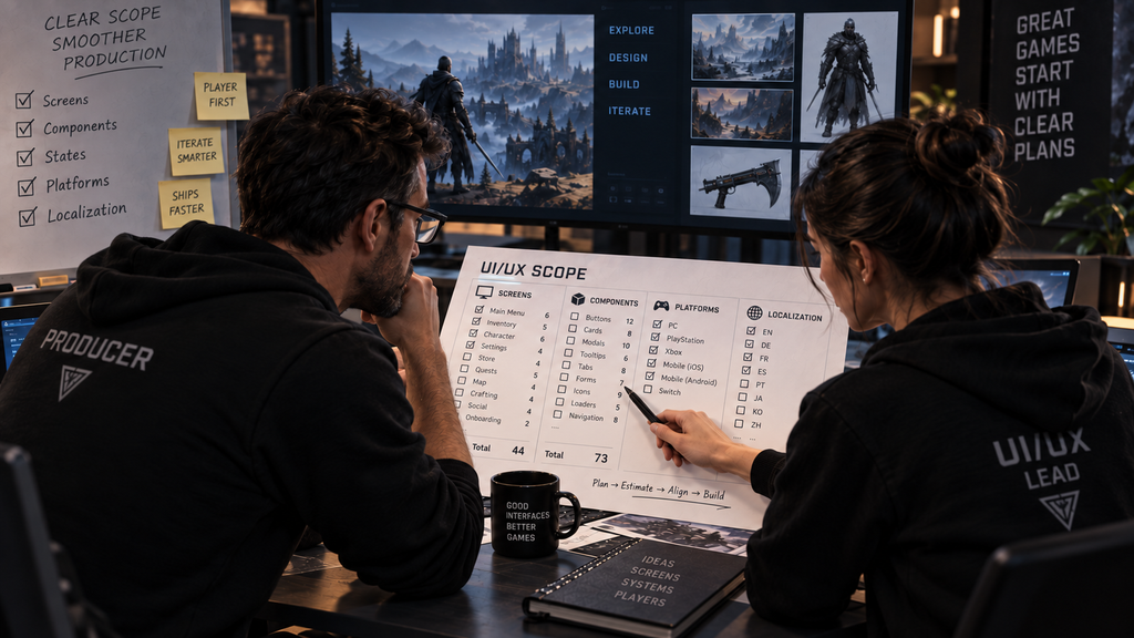 Producer and UI/UX lead reviewing a scope worksheet with screens, platforms, and localization columns during a pre-production brief