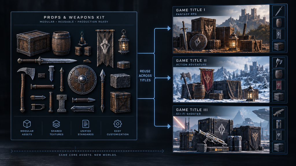 Reuse planning diagram showing a props and weapons kit carried across multiple game titles for one client