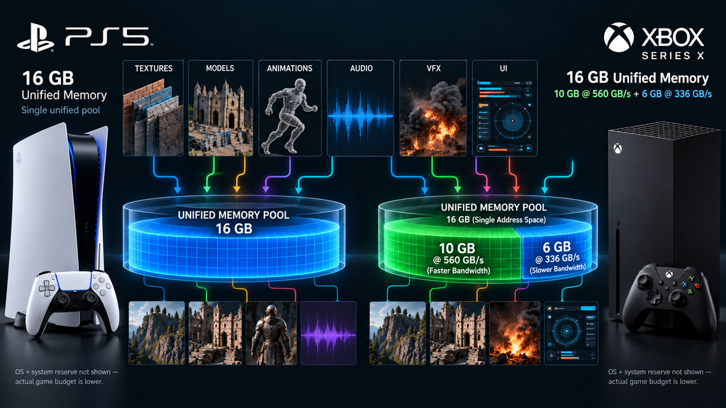 Unified memory pool diagram for PS5 and Xbox Series X game asset budgets