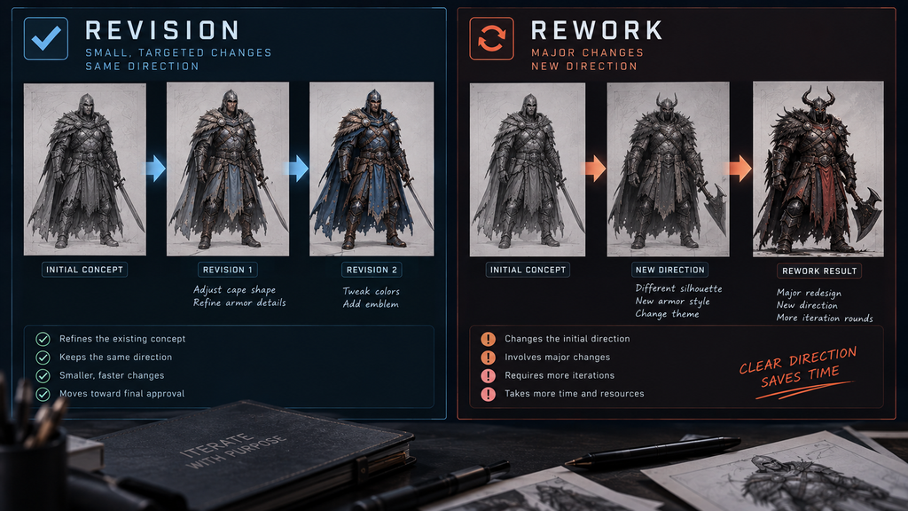 Revision versus rework distinction shown as two different concept art change paths