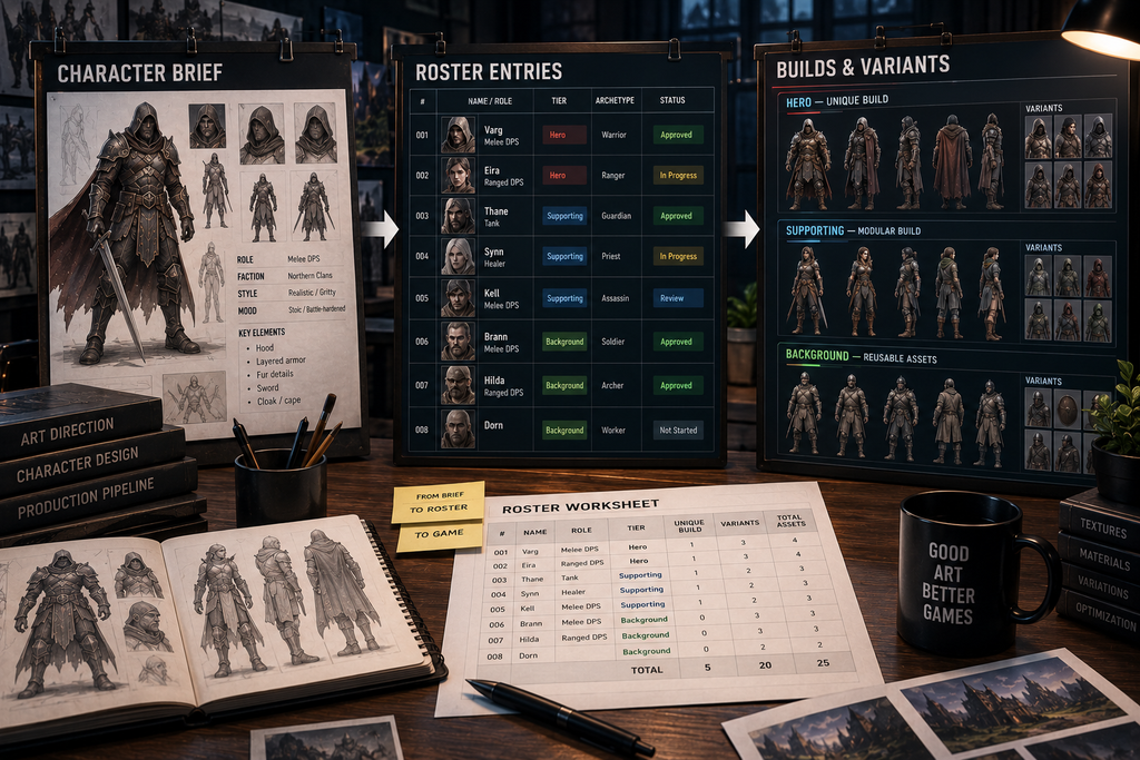 Roster worksheet converting a character brief into roster entries, unique builds, and variants