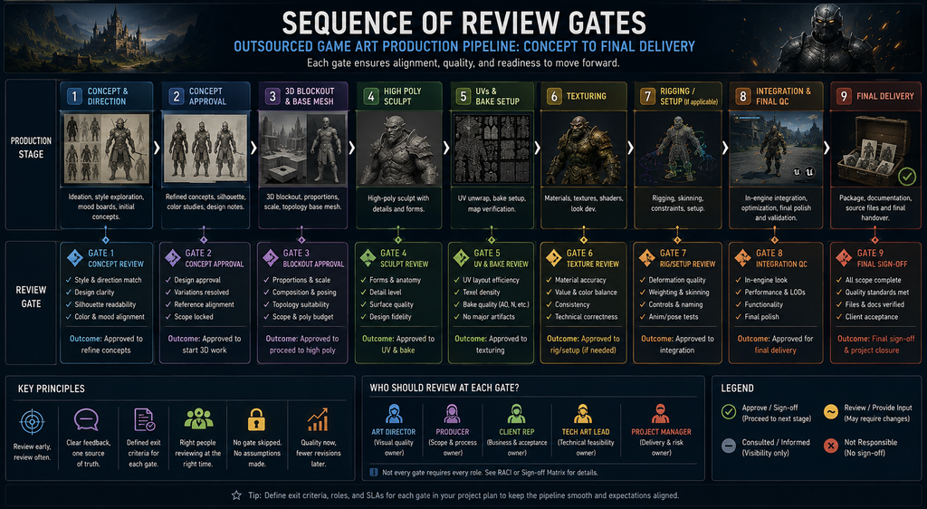 Sequence of review gates across an outsourced game art production pipeline from concept to final delivery