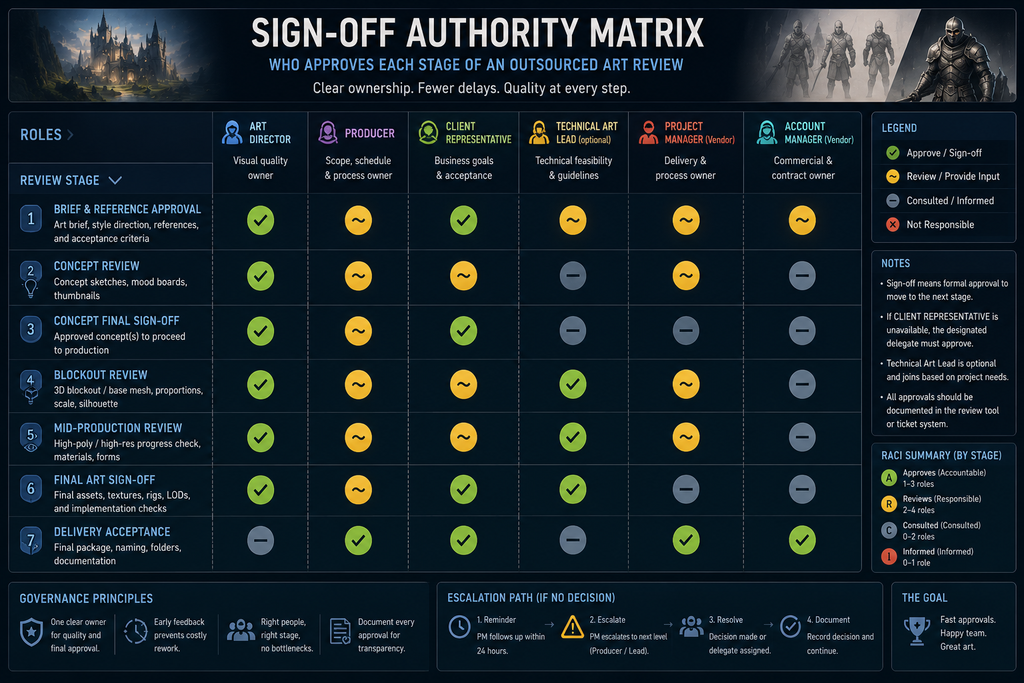 Sign-off authority matrix showing which role approves each stage of an outsourced art review
