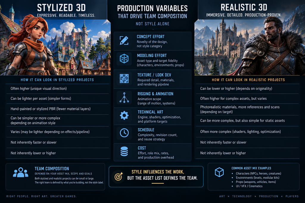 Comparison chart of production variables driving team composition for stylized versus realistic 3D game art