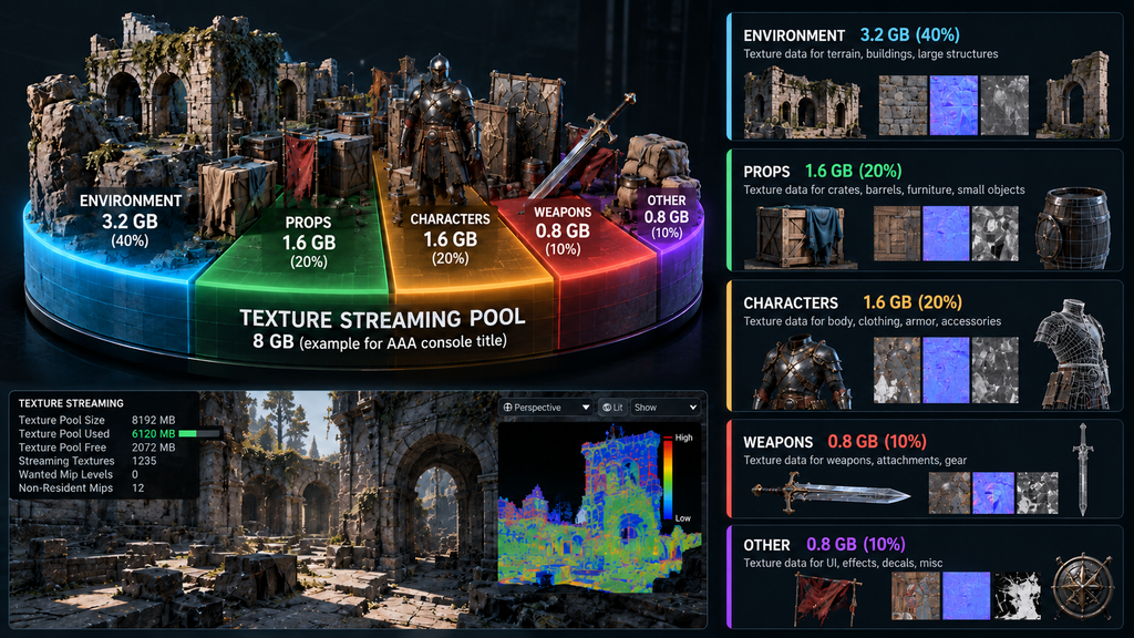 Texture streaming pool breakdown for AAA console 3D asset optimization