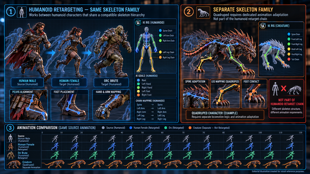 Side-by-side comparison of retargeted animation on a humanoid character versus a structurally different creature skeleton