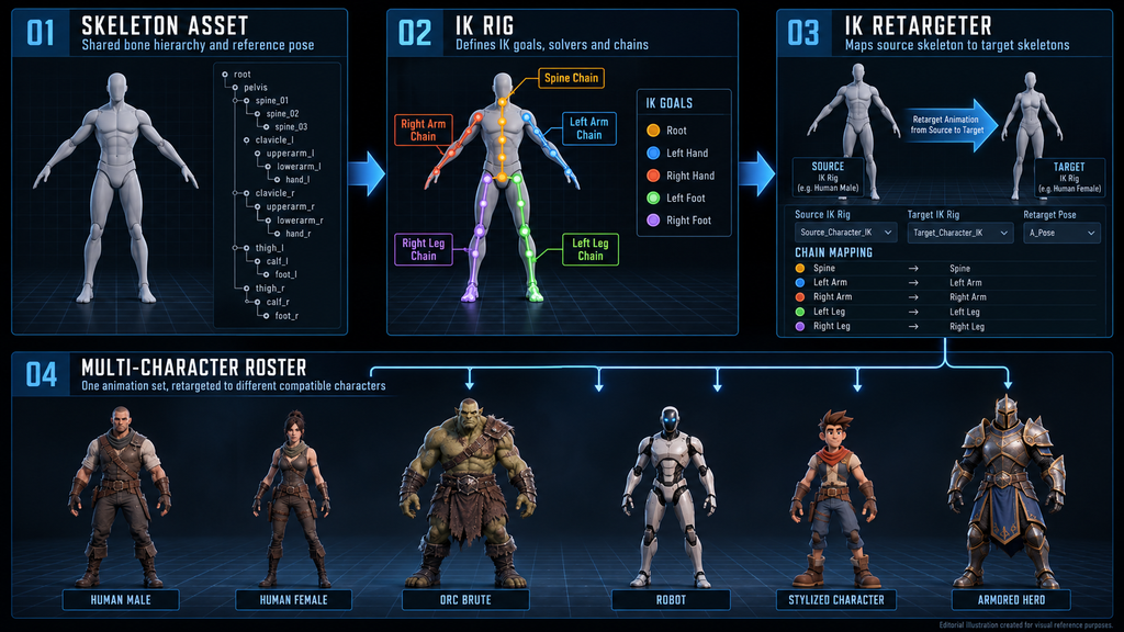 Diagram showing the relationship between Skeleton asset, IK Rig, and IK Retargeter for a multi-character roster