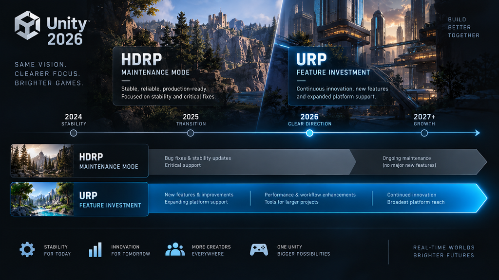 Unity 2026 render pipeline roadmap showing HDRP maintenance mode and URP feature investment