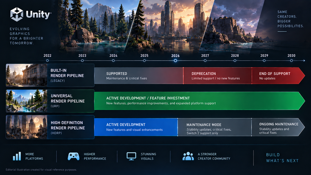 Built-in Render Pipeline deprecation timeline alongside URP and HDRP support windows