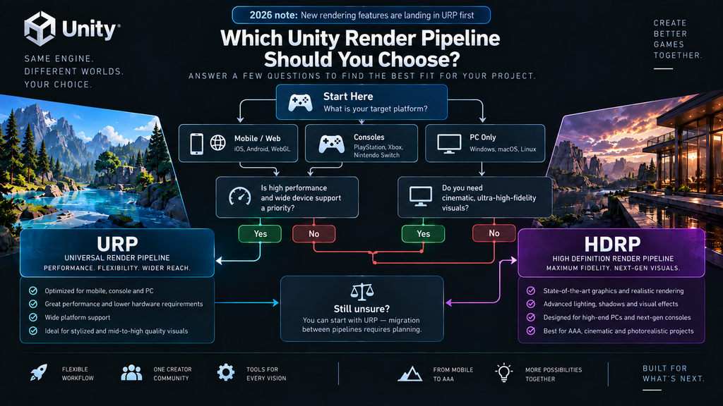 Decision flowchart for choosing Unity URP or HDRP based on platform and visual target