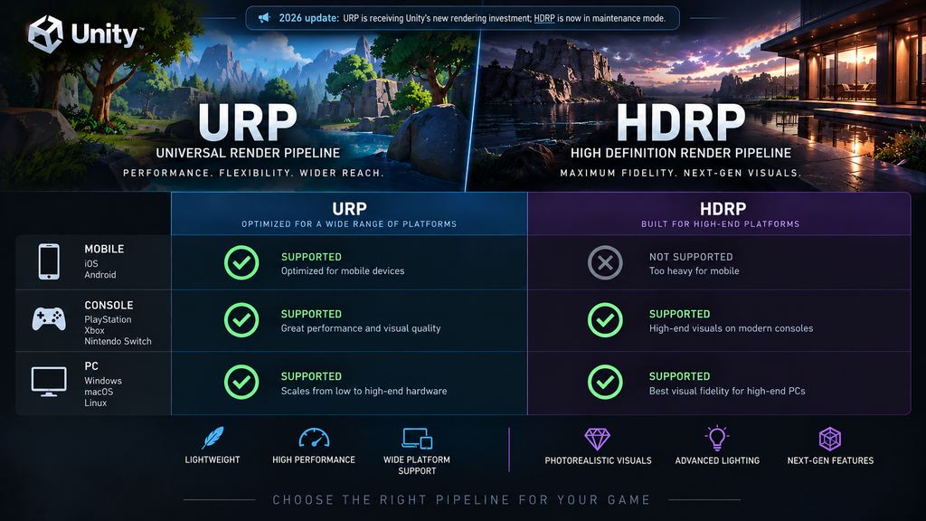 Platform reach comparison chart for Unity URP versus HDRP across mobile, console, and PC