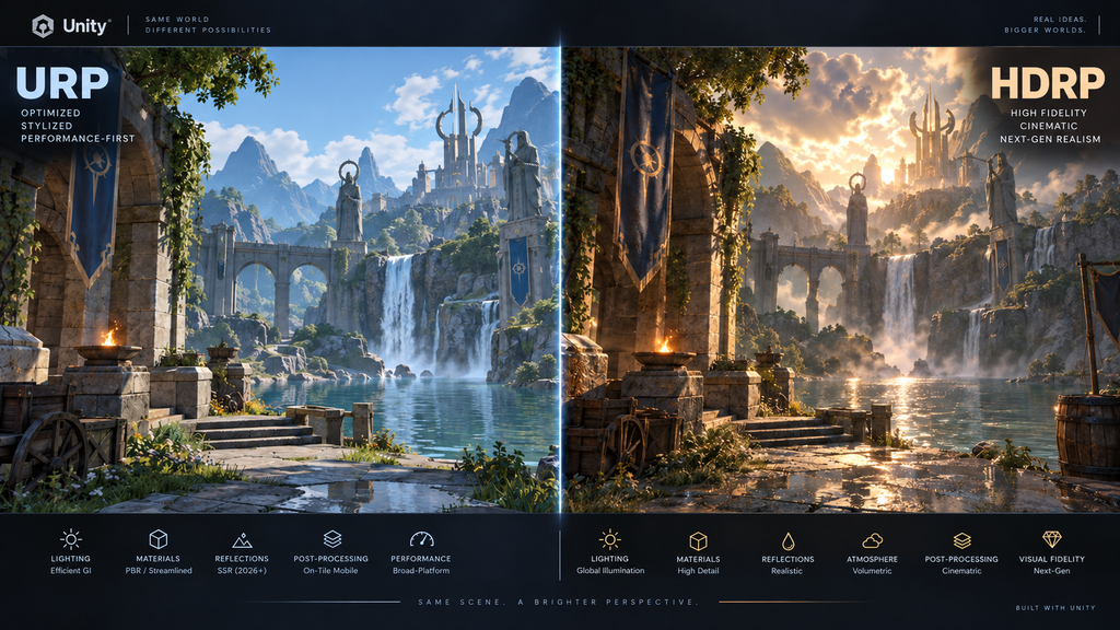 Side-by-side rendering comparison of a scene in Unity URP and Unity HDRP