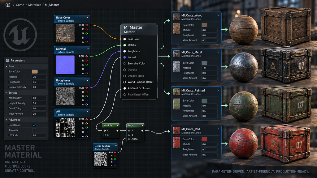 Master material with exposed parameters feeding multiple material instances