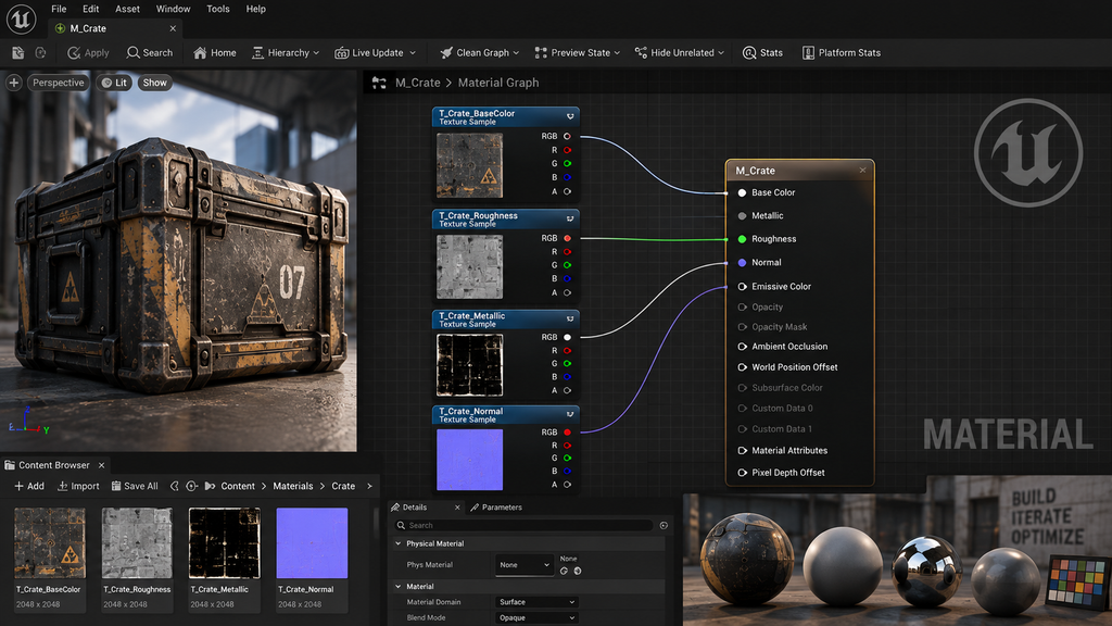 Unreal Material Editor node graph showing base color, roughness, metallic, and normal inputs