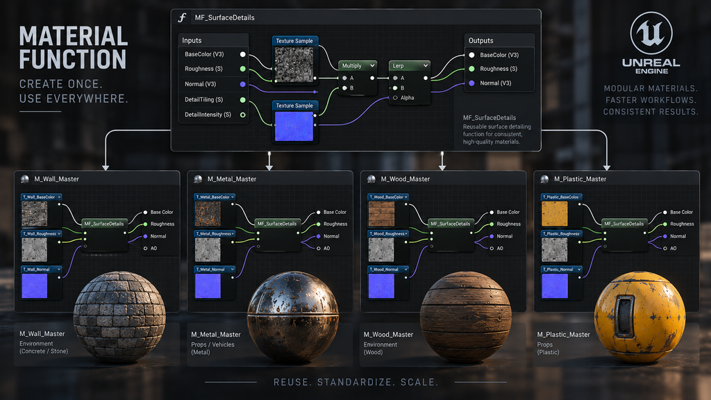 Material function node reused across several master materials in Unreal Engine