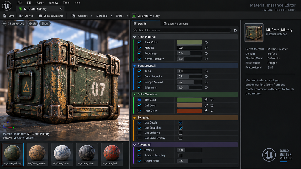 Material Instance Editor panel with scalar, vector, and static switch parameters grouped by category