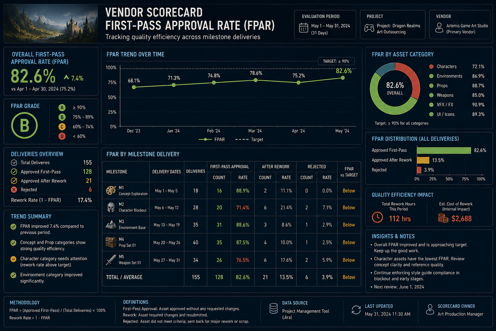 Vendor scorecard tracking first-pass approval rate across milestone deliveries