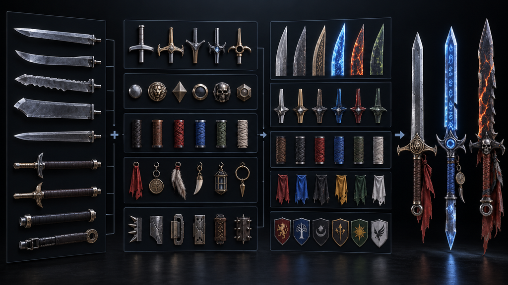 Base pieces, attachments, and variants shown as separate layers of a weapon kit