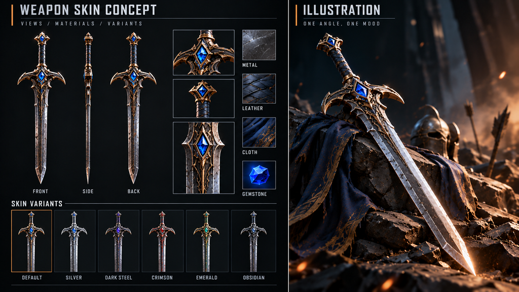 Weapon skin concept art render compared to a standalone illustration piece