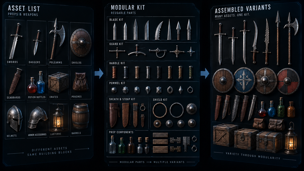 Asset list of props and weapons being broken down into a modular kit structure