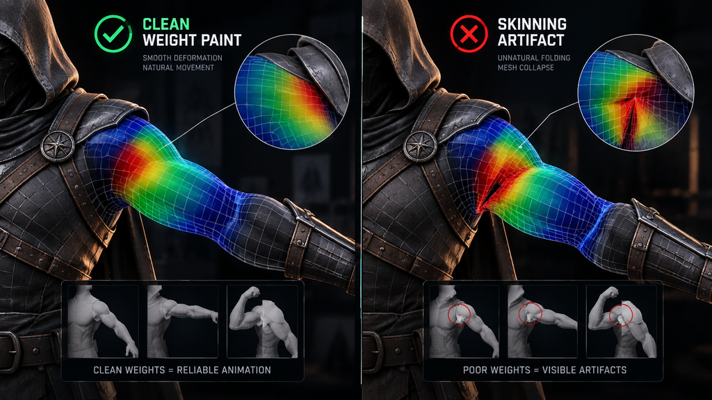 Comparison of a clean weight-painted deformation versus a common skinning artifact at a joint like the shoulder or elbow